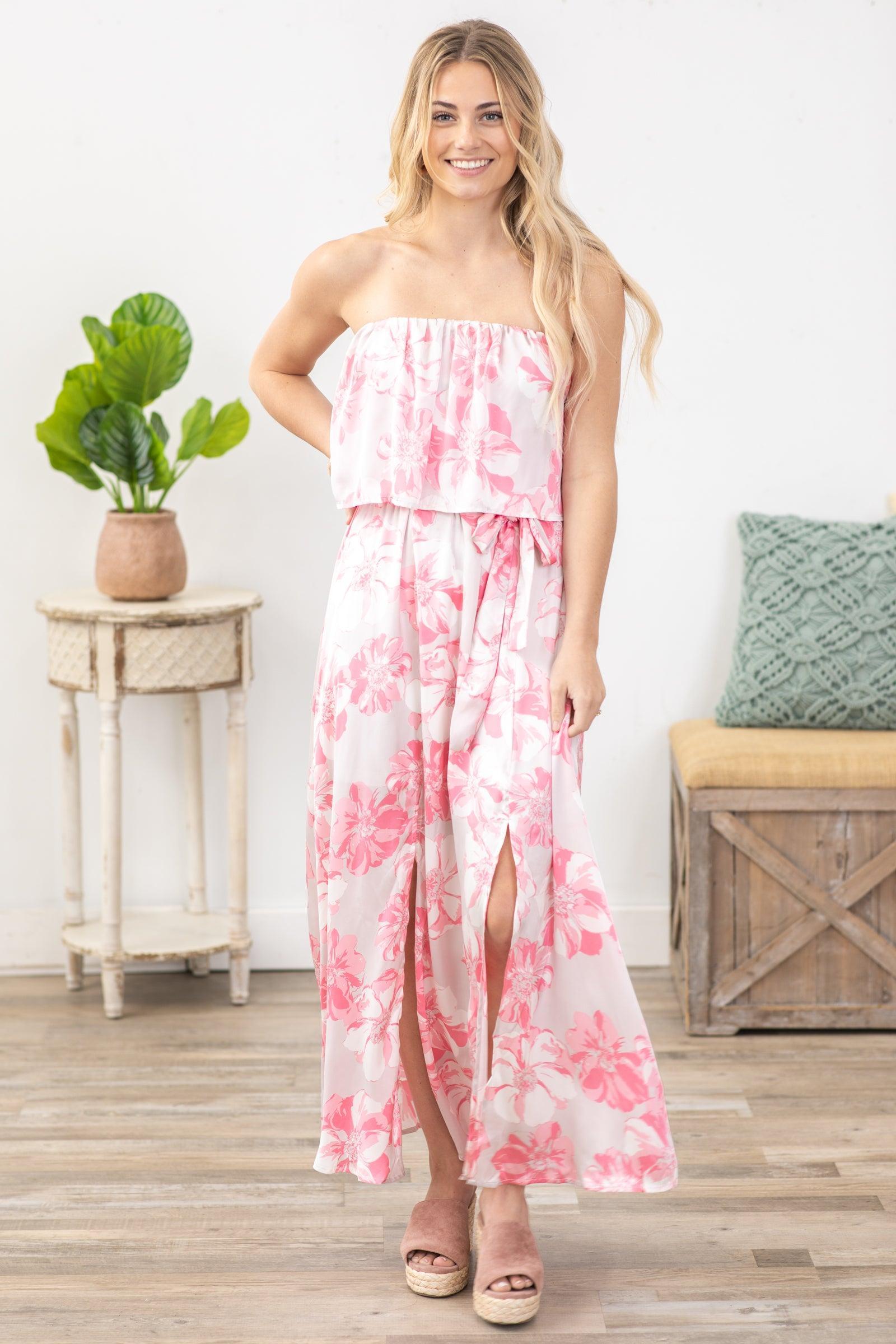 Blush And Grey Floral Maxis Dress With Slits Product Image