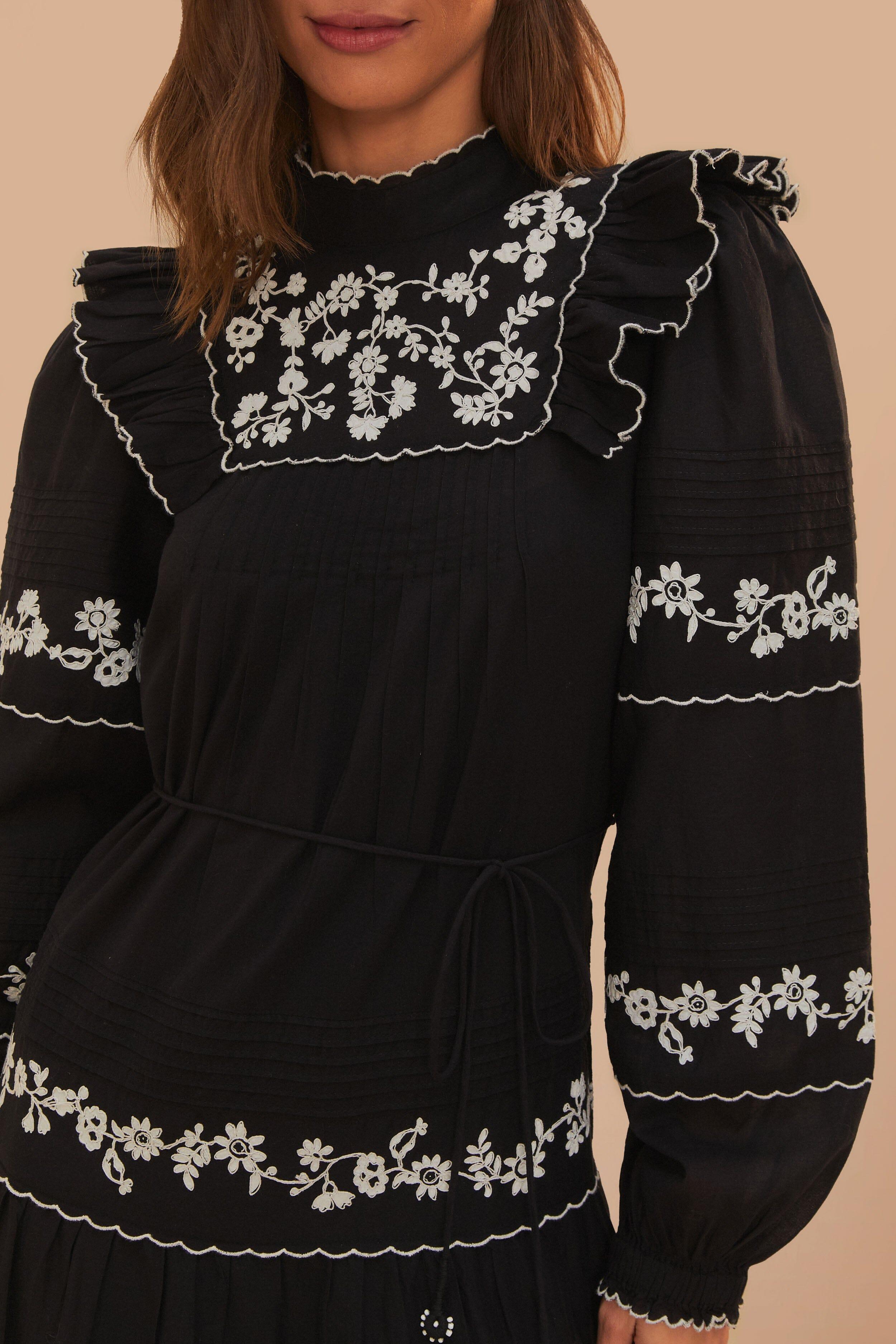 Black And White Embroidered Long Sleeve Maxi Dress Product Image