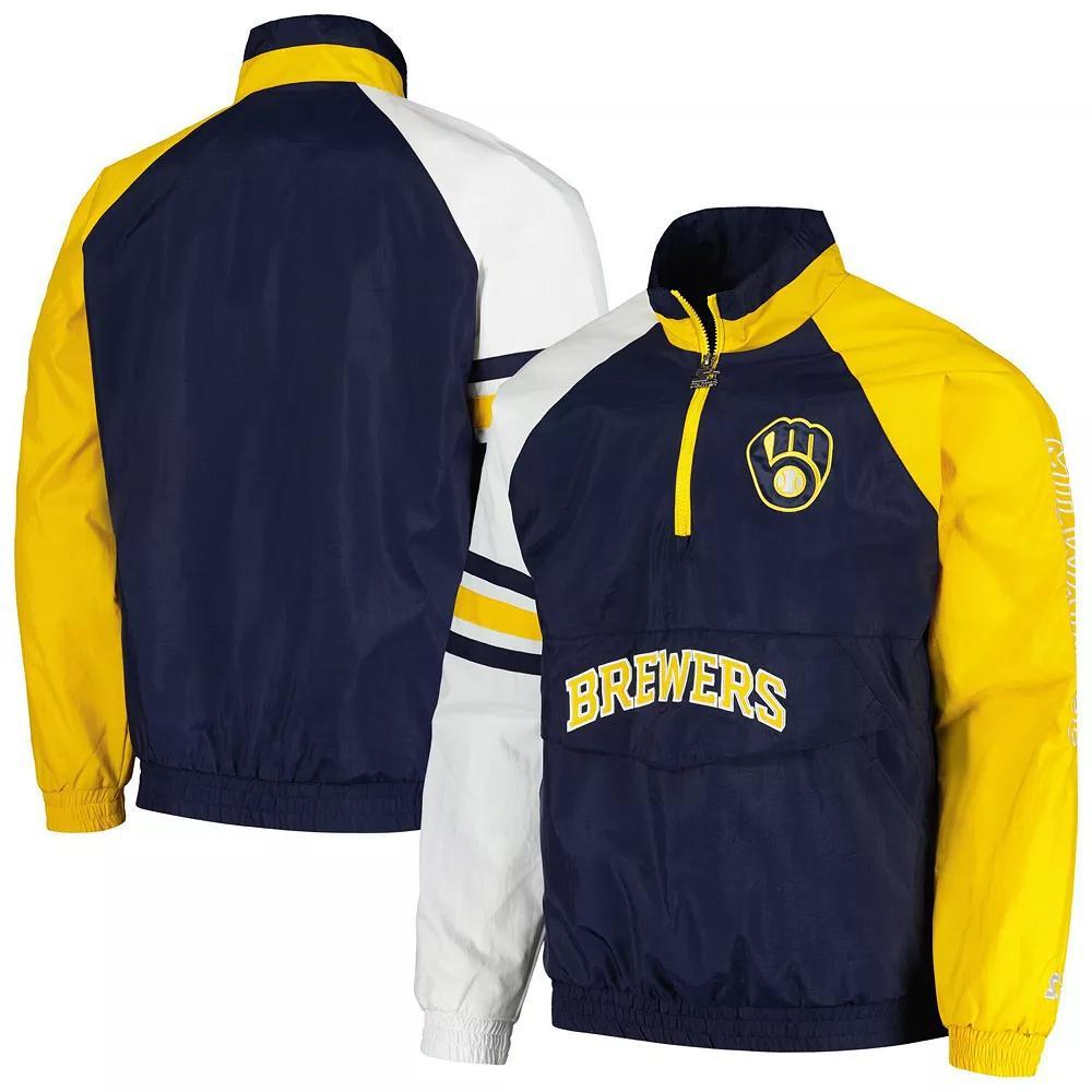 Men's Starter Navy/Gold Milwaukee Brewers Elite Raglan Half-Zip Jacket, Size: Small, Blue Product Image