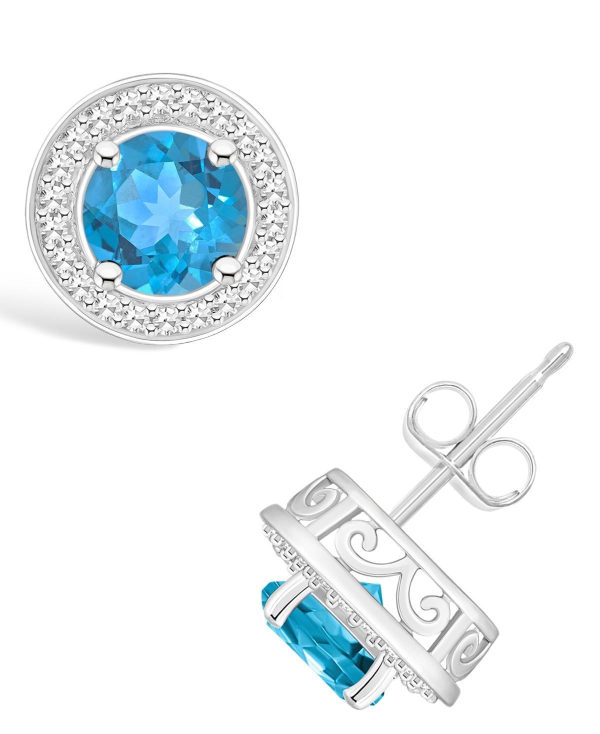 Celebration Gems Sterling Silver Round Gemstone & 1/5 Carat T.W. Diamond Halo Stud Earrings, Womens, Blue Topaz Product Image