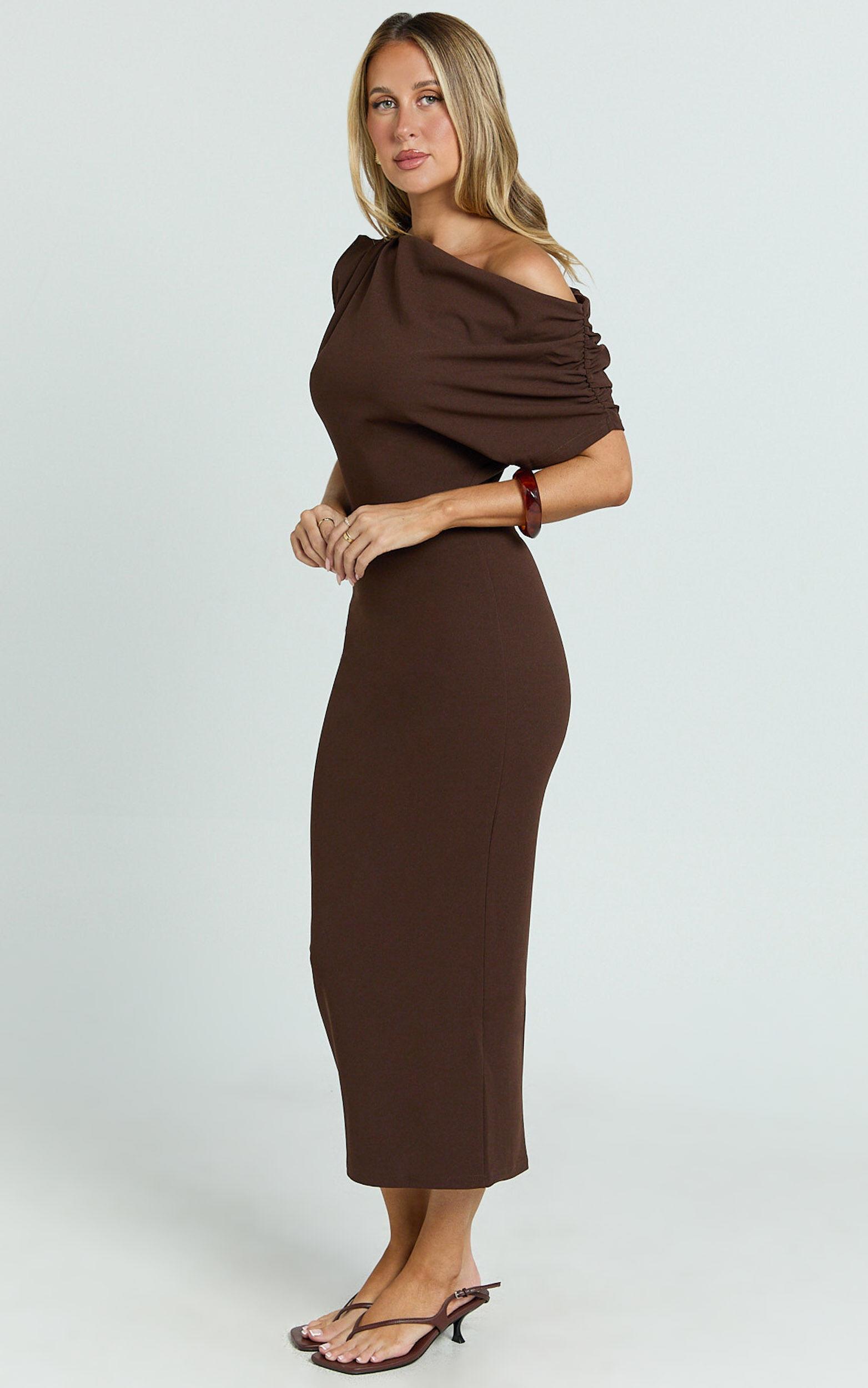 Nalfie Midi Dress - Tipped Shoulder Jersey Drape Dress in Chocolate Product Image