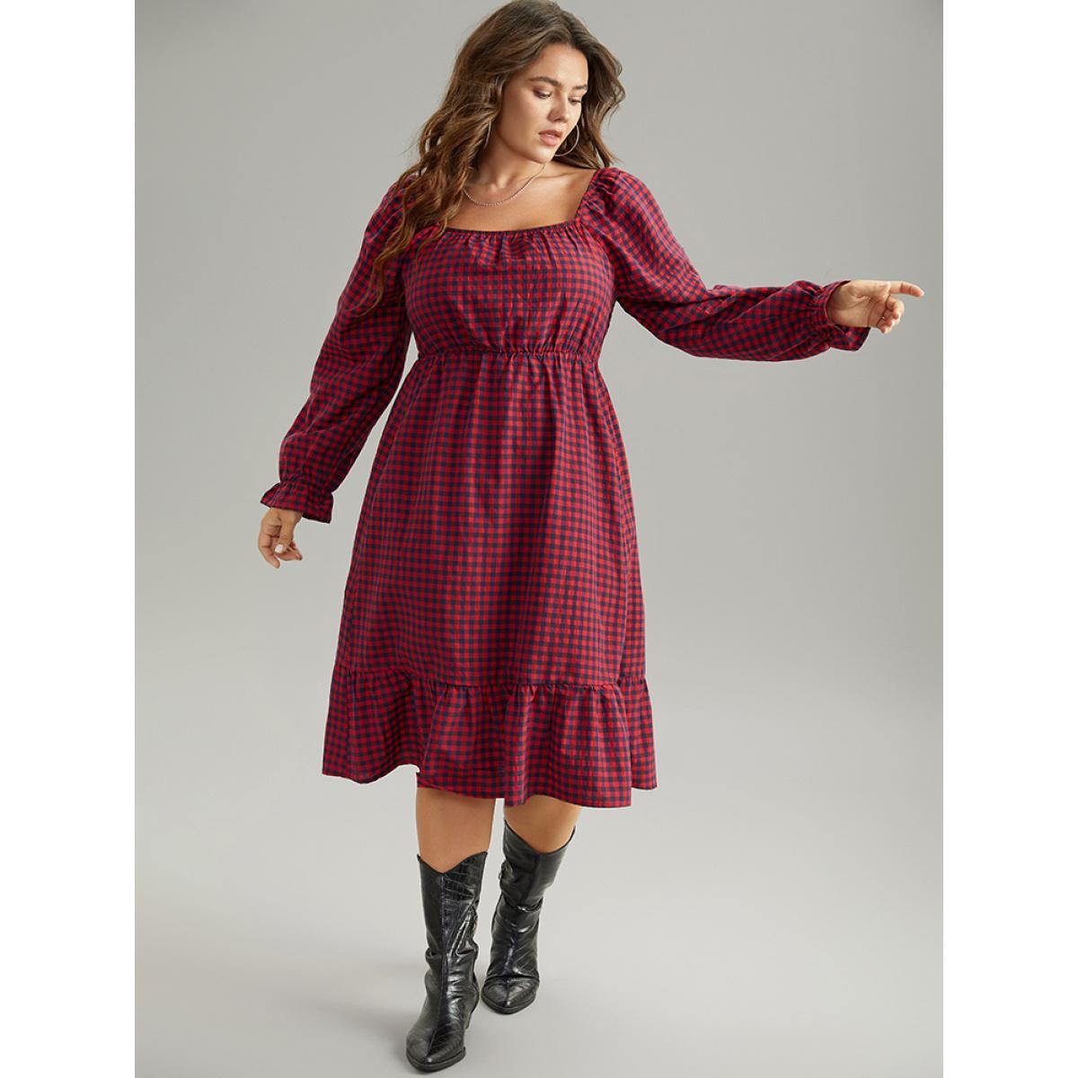 Plus Size Gingham Square Neck Shirred Gathered Ruffles Dress Scarlet Women Casual Gathered Square Neck Long Sleeve Curvy Midi Dress BloomChic 22-24/3X Product Image