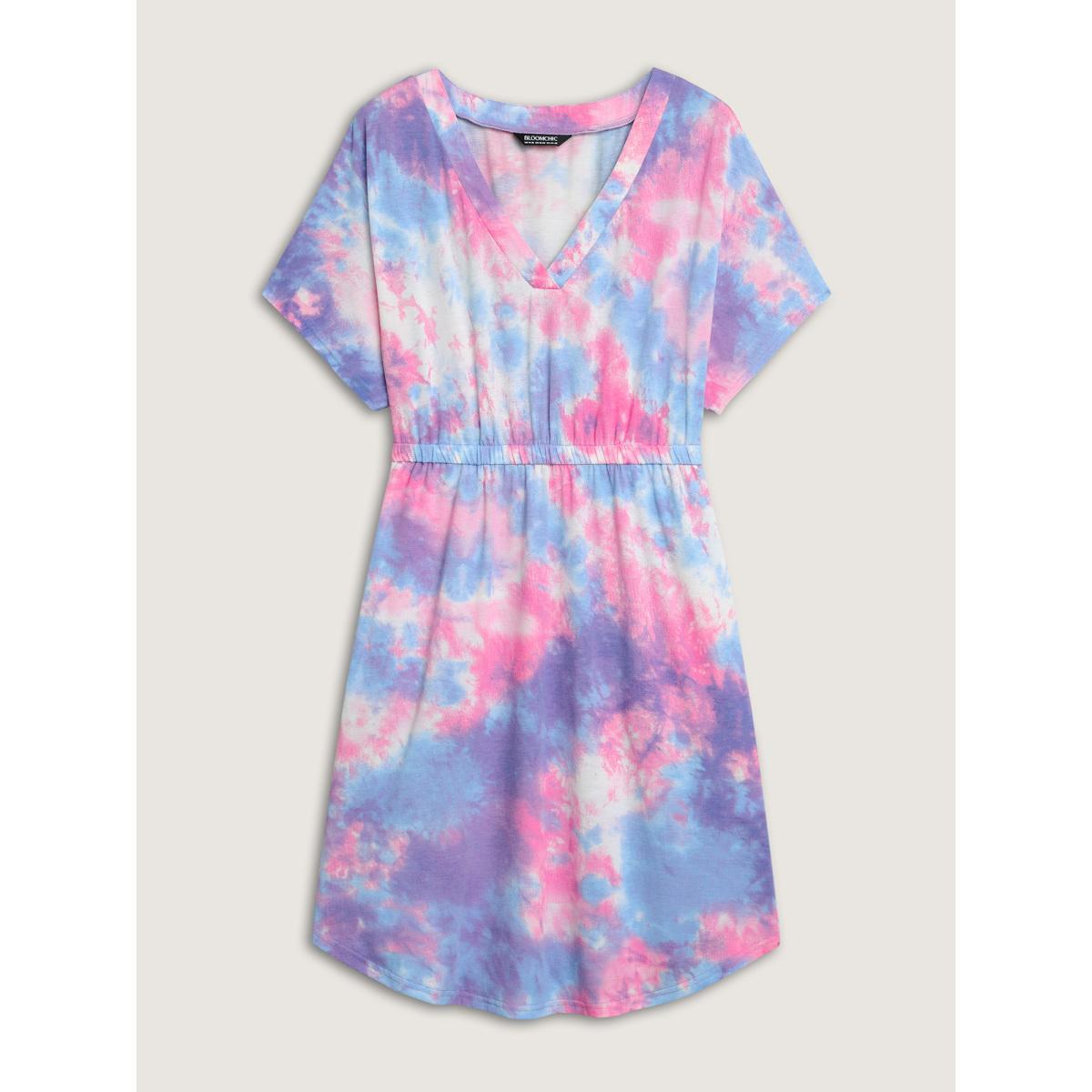 Plus Size Tie-Dye Curvy Hem V-Neck Midi Dress Multicolor Women Playful V-neck Short sleeve Curvy BloomChic 22-24/3X Product Image