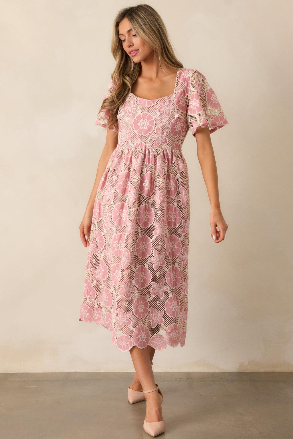 The Sweetest Rose Pink Embroidered Floral Midi Dress Product Image