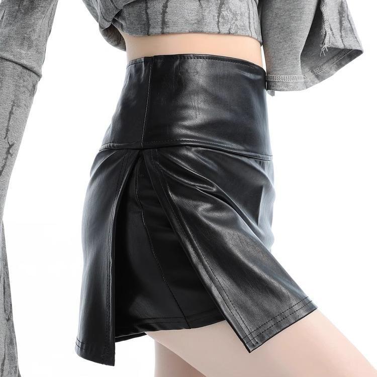 High Waist Plain Faux Leather Mini A-Line Skirt Product Image