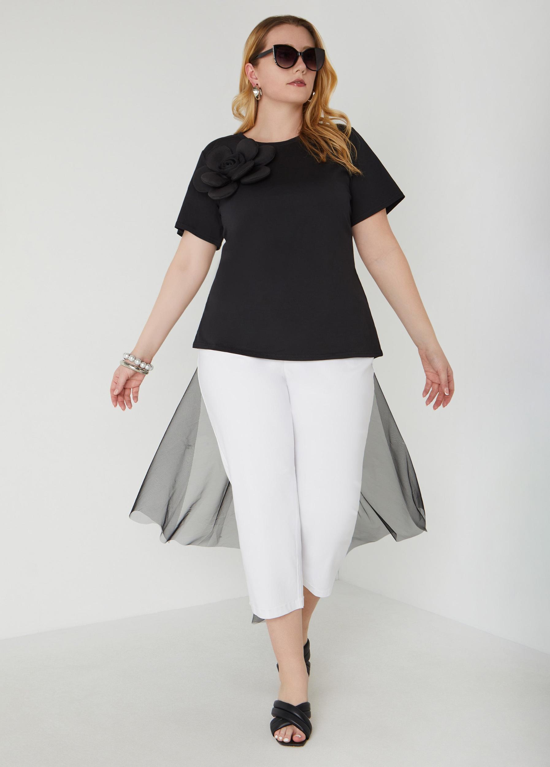 Plus Size Mesh Paneled Rosette Tee Ashley Stewart Product Image