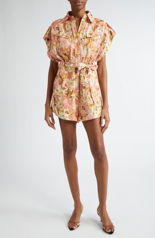 ZIMMERMANN Golden Floral Print Belted Linen Romper In Neutro Product Image