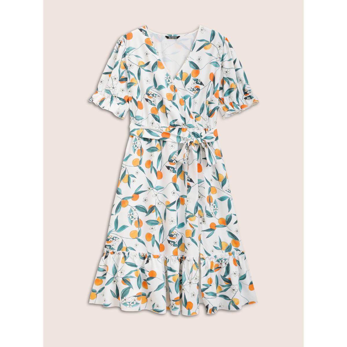 Plus Size Citrus Orange Print Overlap Collar Frill Trim Split Hem Dress Multicolor Women Elegant Overlapping Overlap Collar Half Sleeve Curvy Midi Dress BloomChic 18-20/2X Product Image