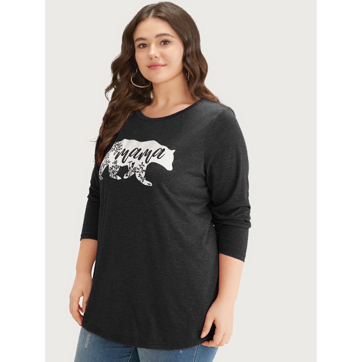Plus Size Animal & Letter Print Round Neck T-shirt Black Women Casual Printed Occupation Dailywear T-shirts BloomChic 12/L Product Image