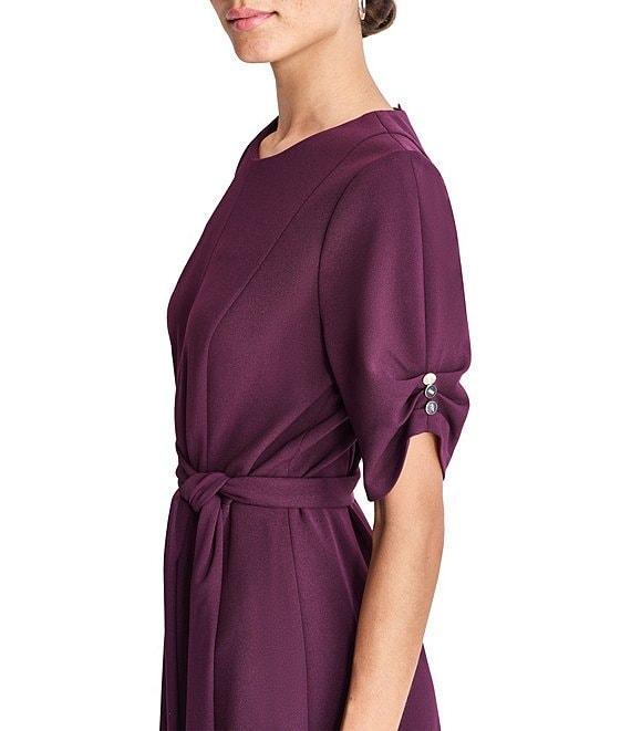 DKNY by Donna Karan Knit Round Neck Short Ruched Sleeve Tie Waist Midi Dress Product Image