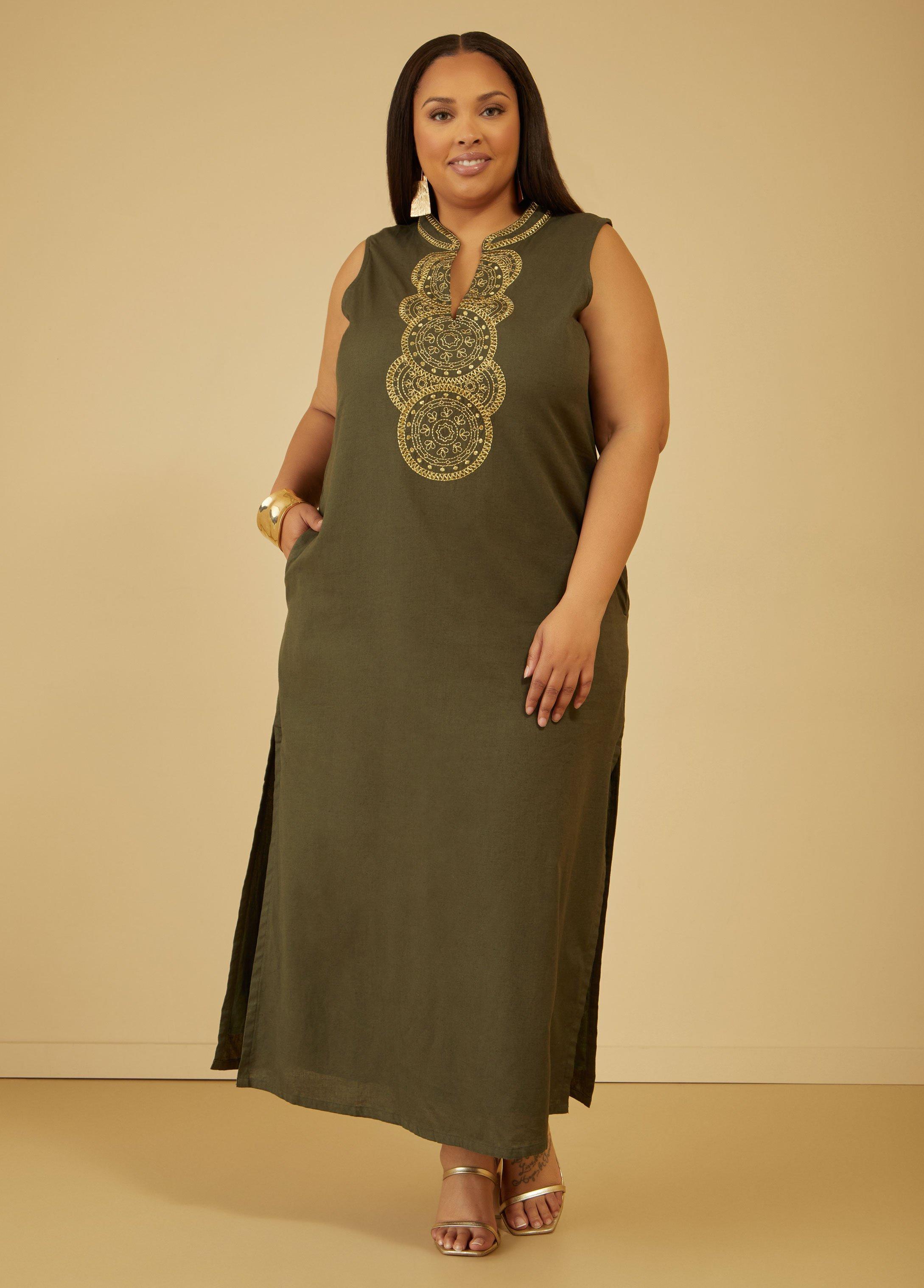 Plus Size Embroidered Linen Blend Maxi Dress Ashley Stewart Product Image