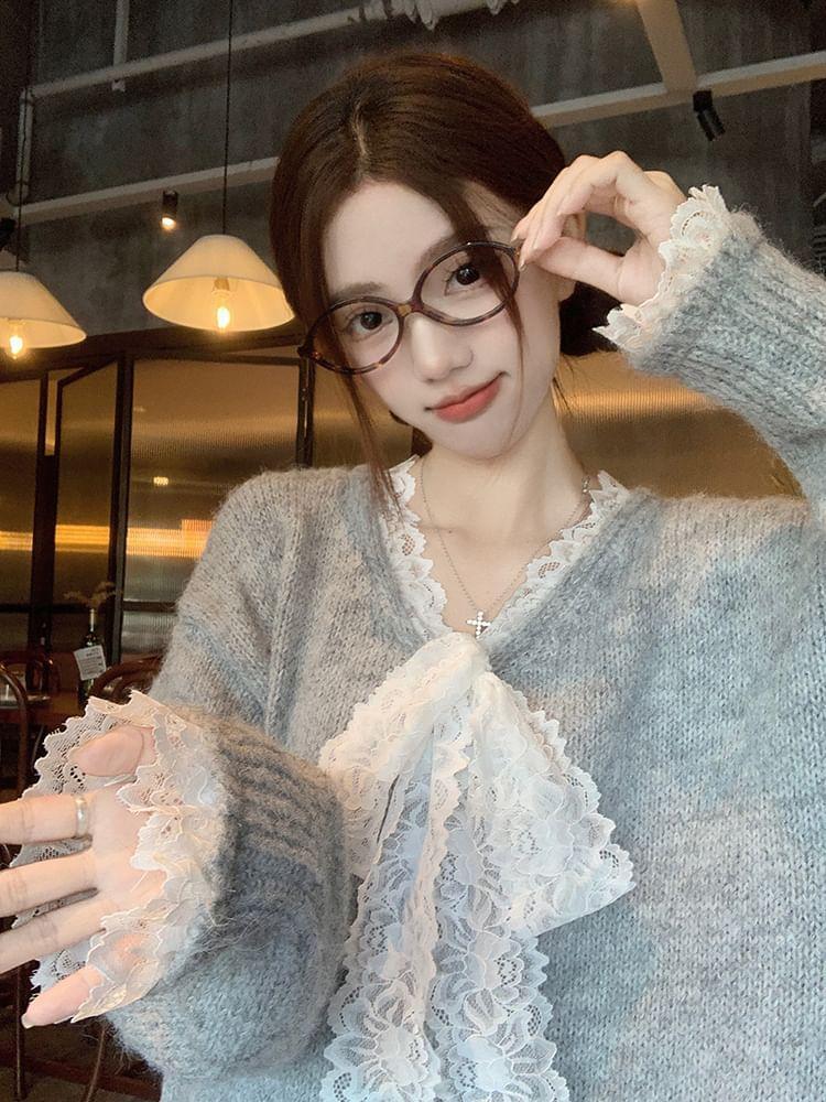 V-Neck Plain Lace Trim Oversized Sweater Product Image