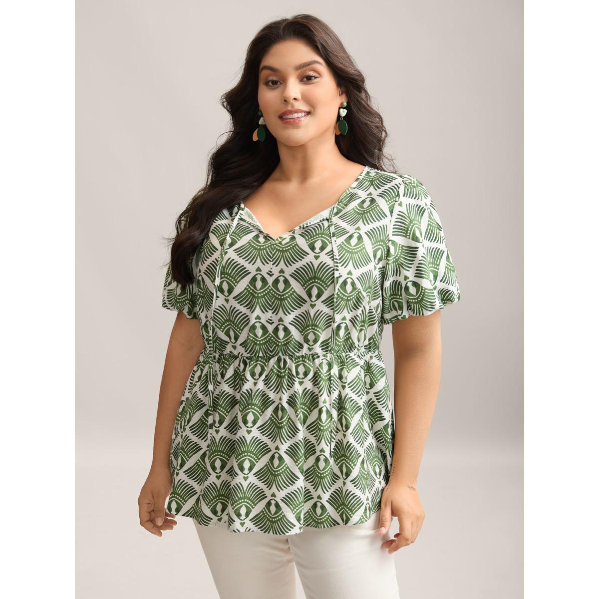 Plus Size Moss Large Floral Print Flared Sleeve Tie Blouse Women Short sleeve Flat collar with V-notch Vacation Blouses BloomChic 14-16/1X Product Image