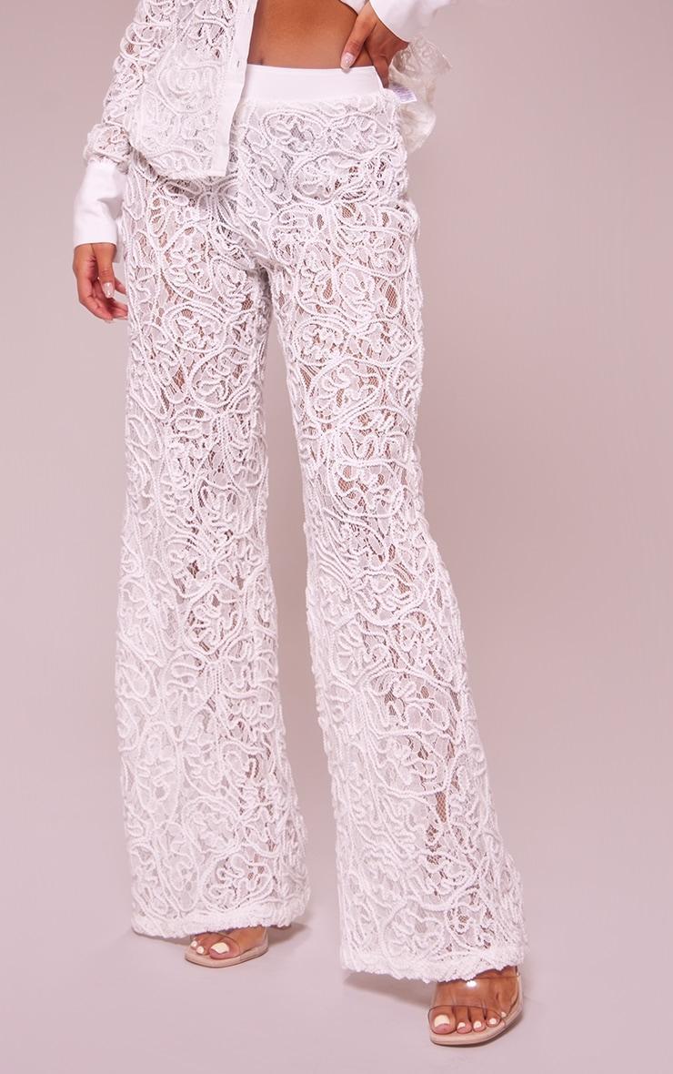 Premium White Woven Jacquard Lace Wide Leg Pants Product Image