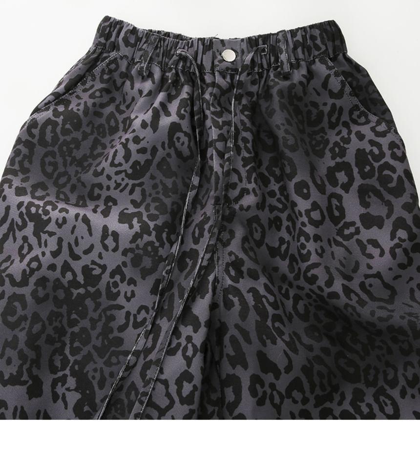 Drawstring Waist Leopard Print Wide Leg Pants Product Image