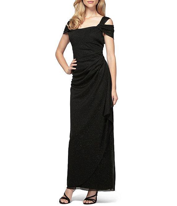 Alex Evenings Glitter Mesh Cowl Neck Cold Shoulder Cap Sleeve Side Slit Ruched Gown Product Image