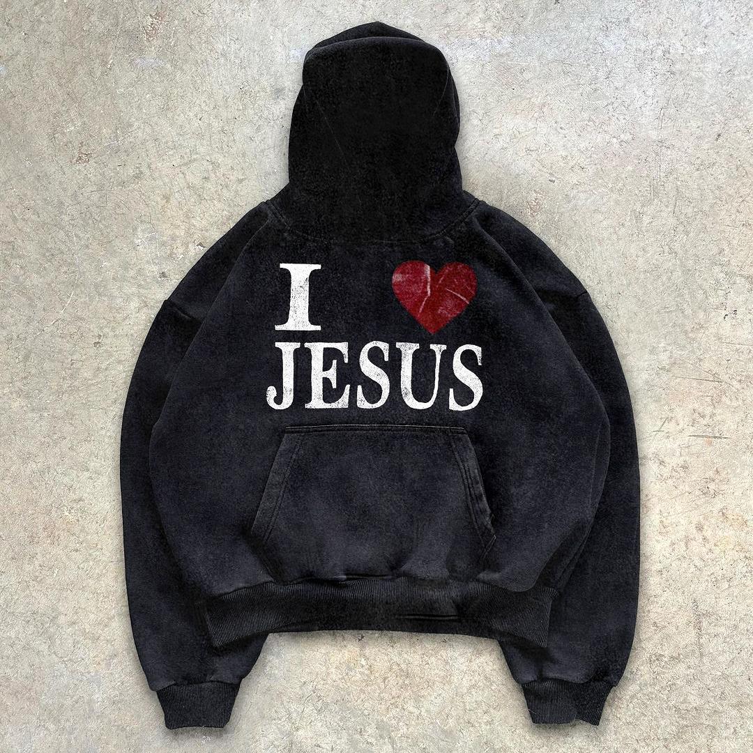 I Love Jesus Print Graphic Black Acid Washed Pullover Hoodie Product Image