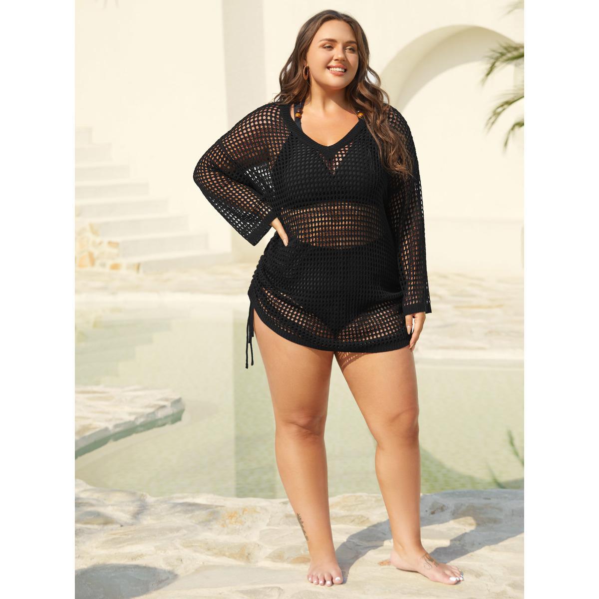 Plus Size Side Drawstring Cut-Out Swim Cover-Up Women's Swimwear Black Curve Swim Cover Ups BloomChic 22-24/3X Product Image