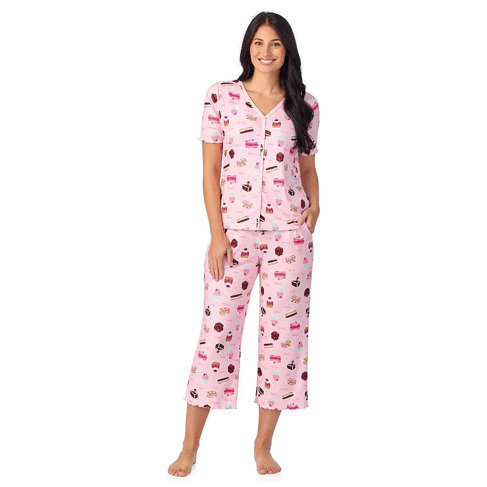 Women's Cuddl Duds® Pointelle Button-Front Pajama Top & Cropped Pajama Bottoms Set, Size: Small, Pink Dessert Product Image
