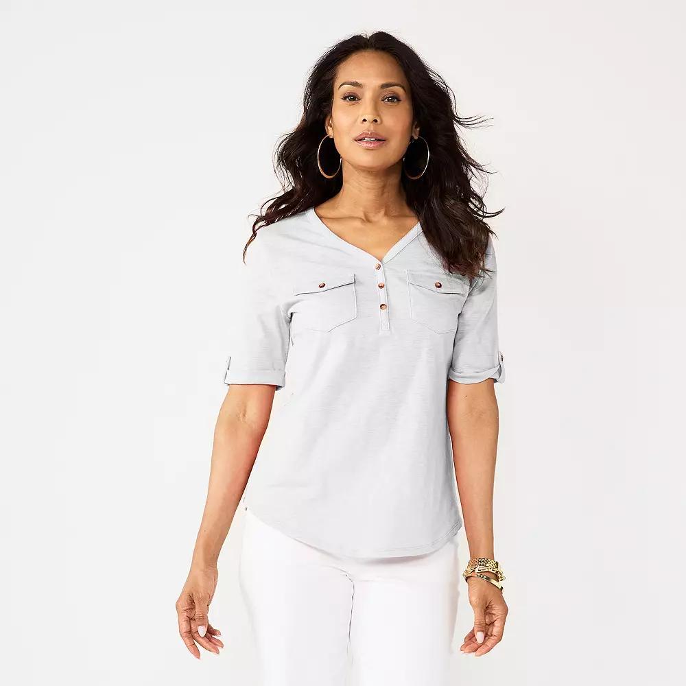 Petite Croft & Barrow® Elbow Sleeve Utility Henley Top, Women's,  Product Image