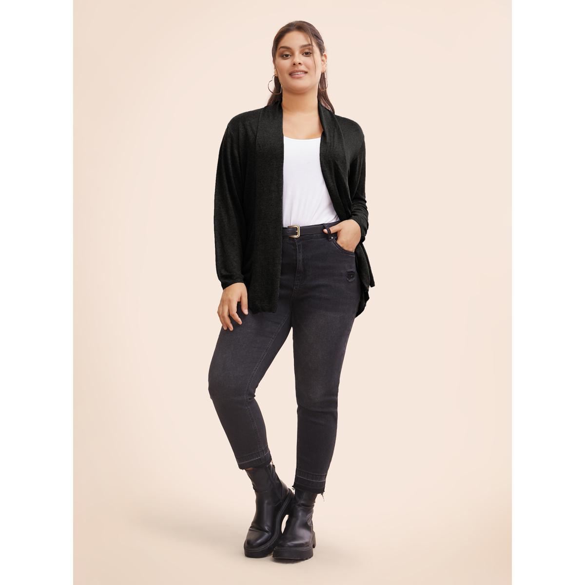 Plus Size Supersoft Essentials Plain Lapel Collar Drape Cardigan Black Women Leisure Loose Long Sleeve Casual Cardigans BloomChic 30/6X Product Image