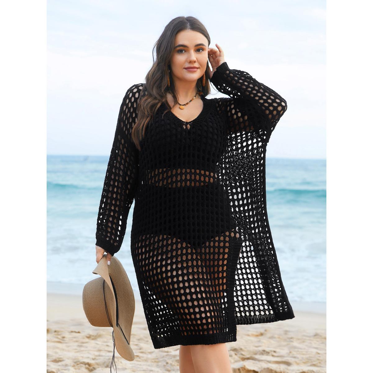 Plus Size Cut-Out Split Side Hem Swim Cover Up Women's Swimwear Black Beach Loose Cut-Out Curve Swim Cover Ups BloomChic 14-16/1X Product Image