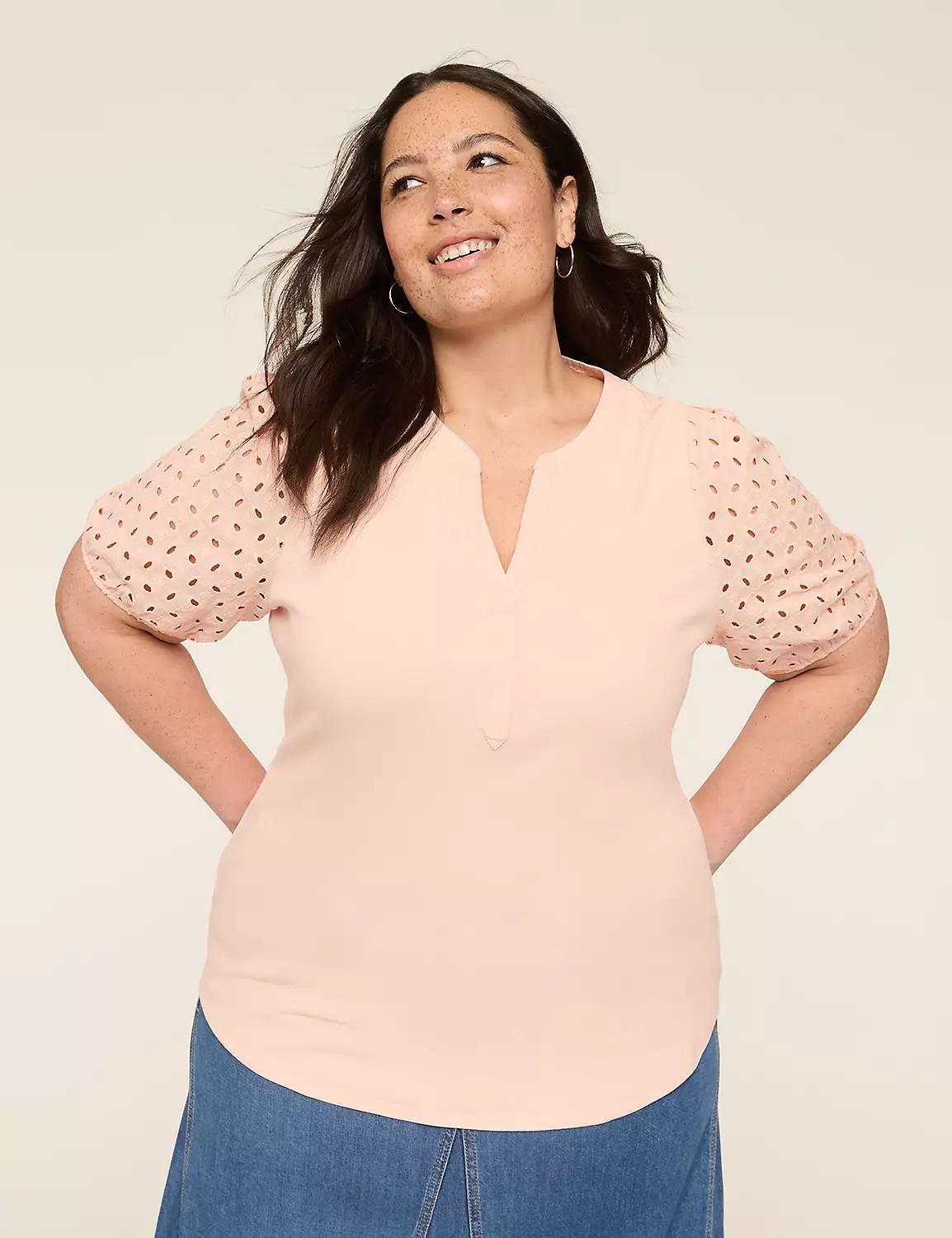 Eyelet-Sleeve Notch-Neck Rib Top Product Image