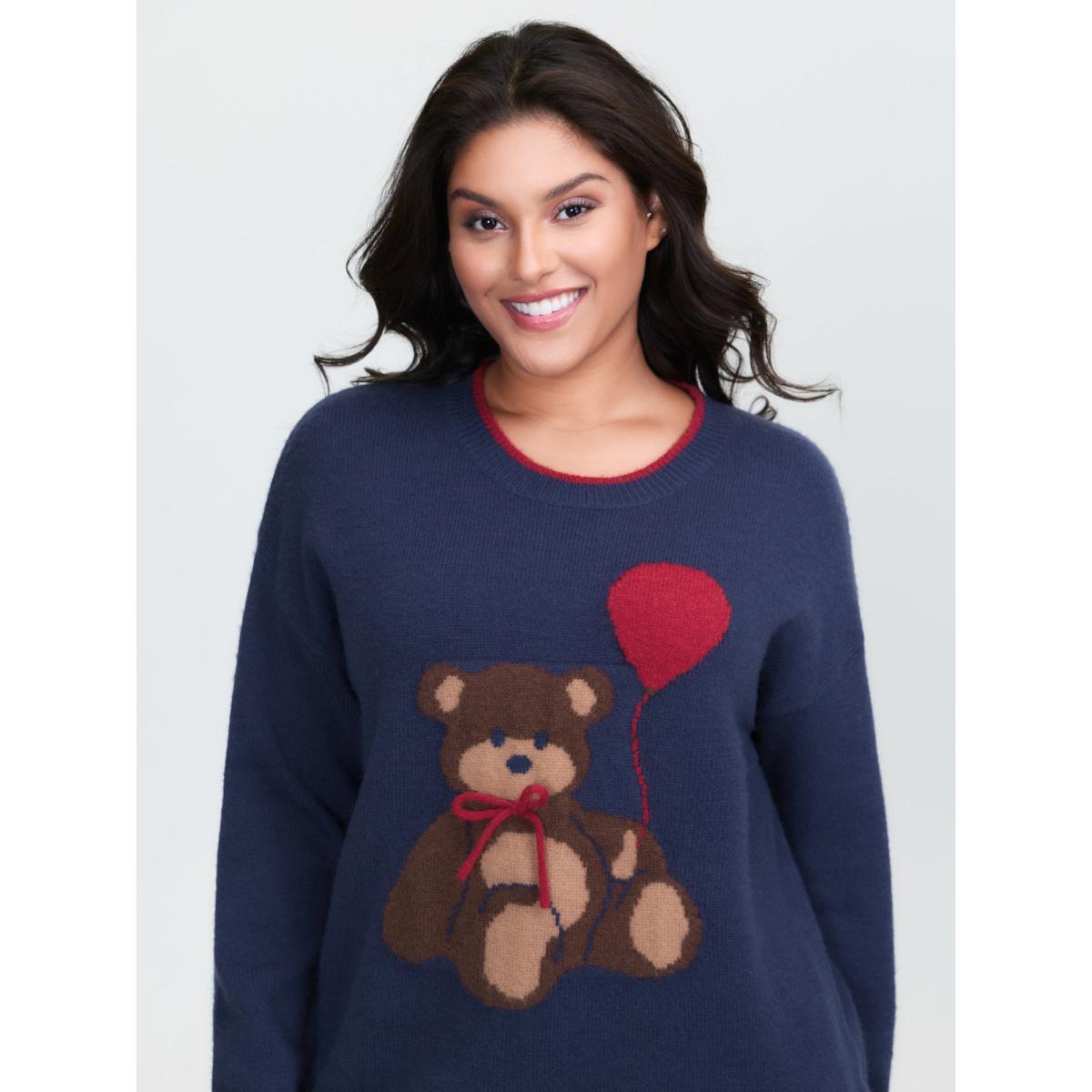 Plus Size Teddy Bear Balloon Print Pullover Navy Women Playful Loose Long Sleeve Round Neck Casual Pullovers BloomChic 30/6X Product Image