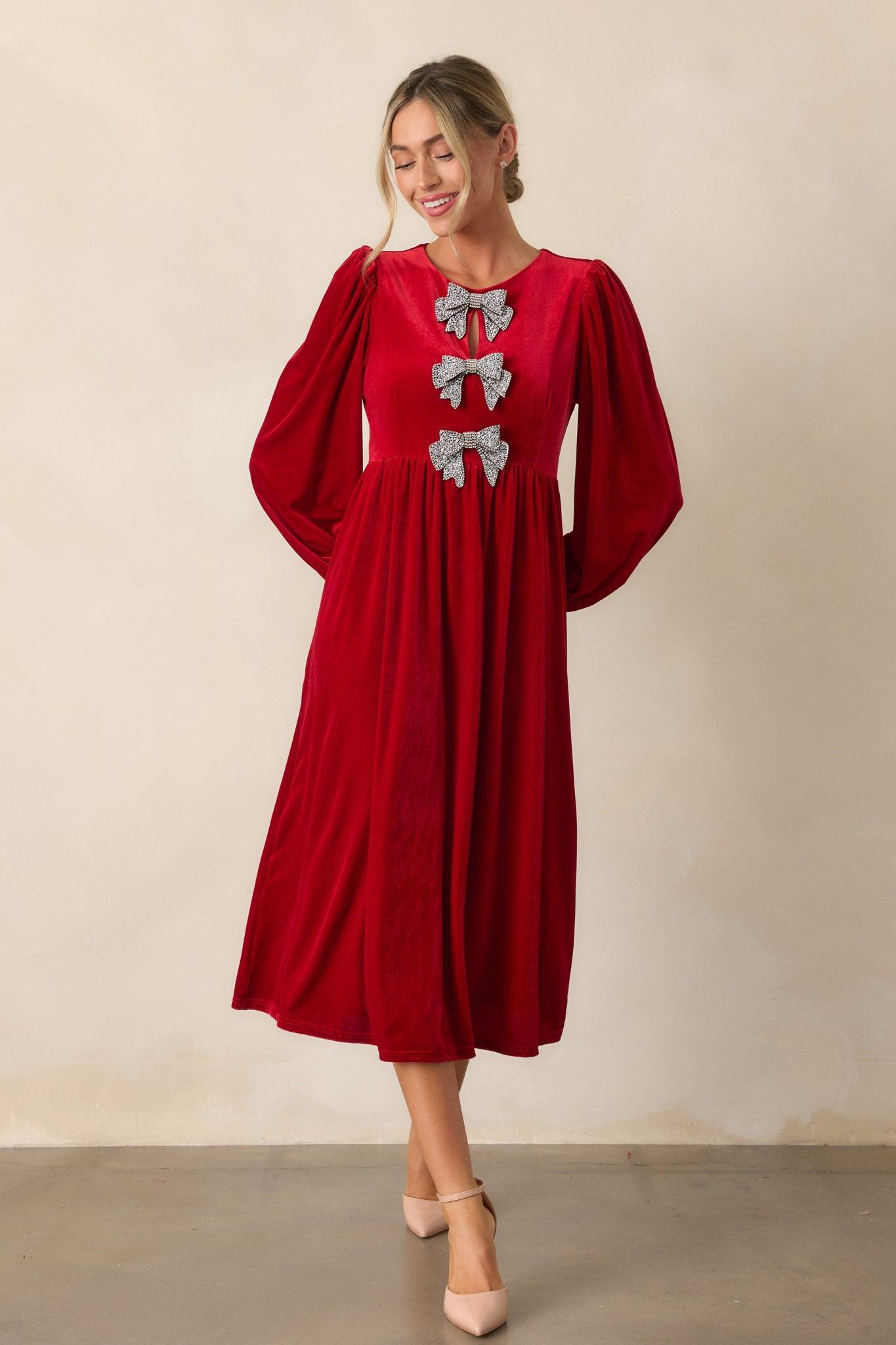 Moments To Treasure Red Velvet Midi Dress Product Image