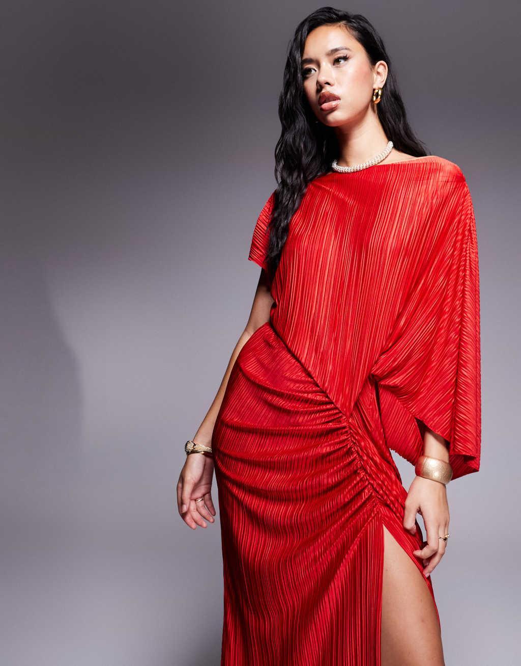 ASOS DESIGN premium plisse fallen drape maxi dress with ruching in red Product Image