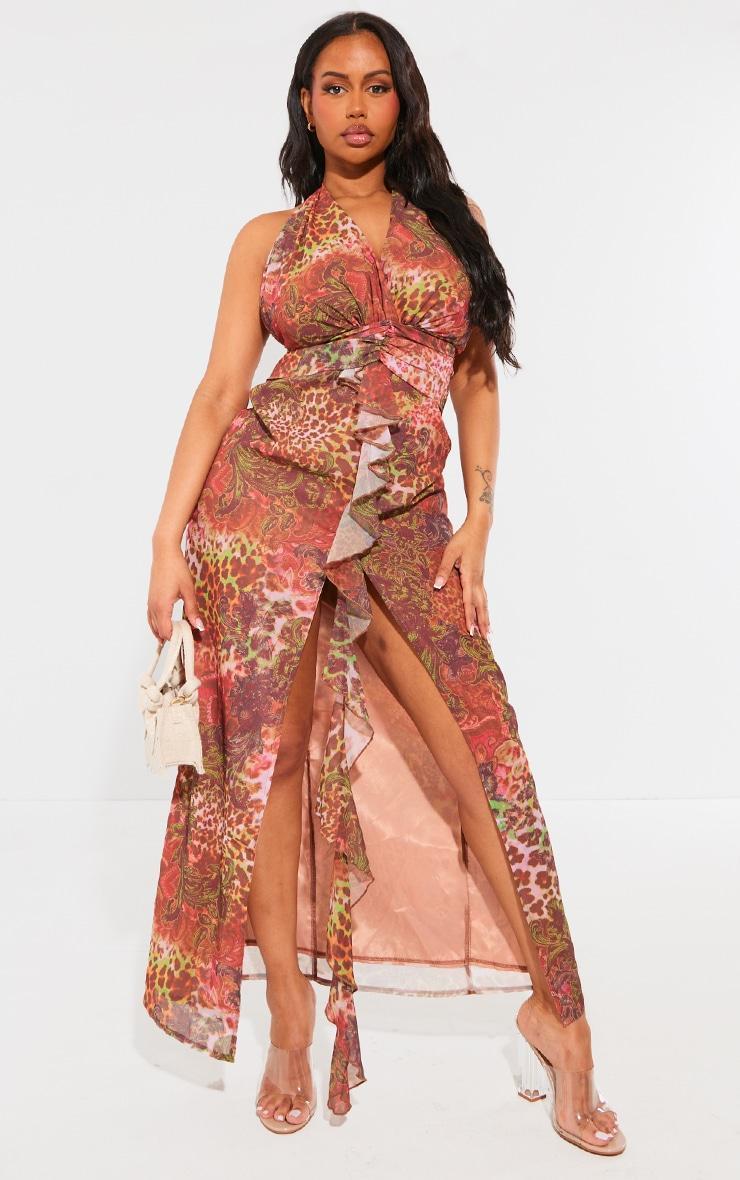  Shape Brown Leopard Printed Woven Plunge Frill Maxi Dress Product Image