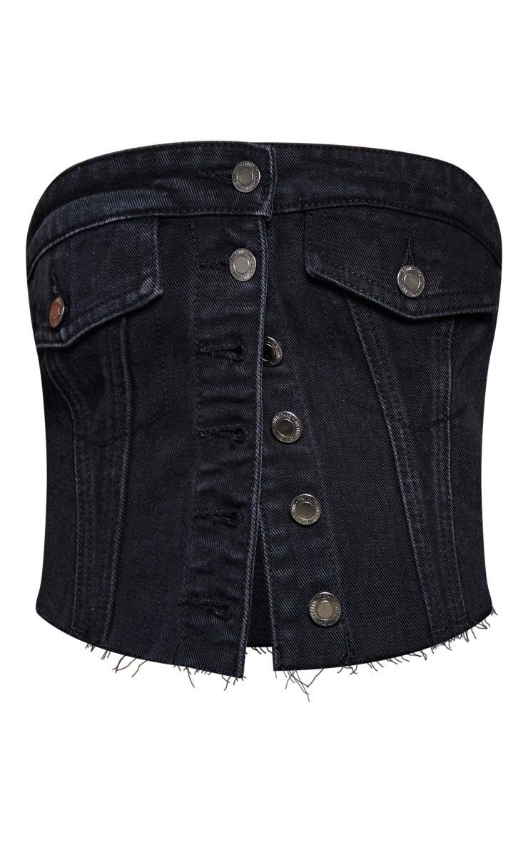 Washed Black Pocket Detail Cropped Denim Corset Top Product Image