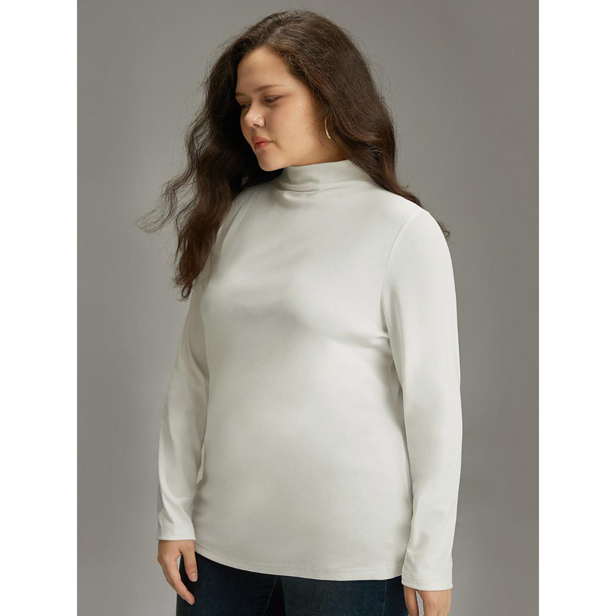 Plus Size Cotton Solid Mock Neck T-shirt White Women Casual Plain Plain Mock Neck Dailywear T-shirts BloomChic 12/L Product Image