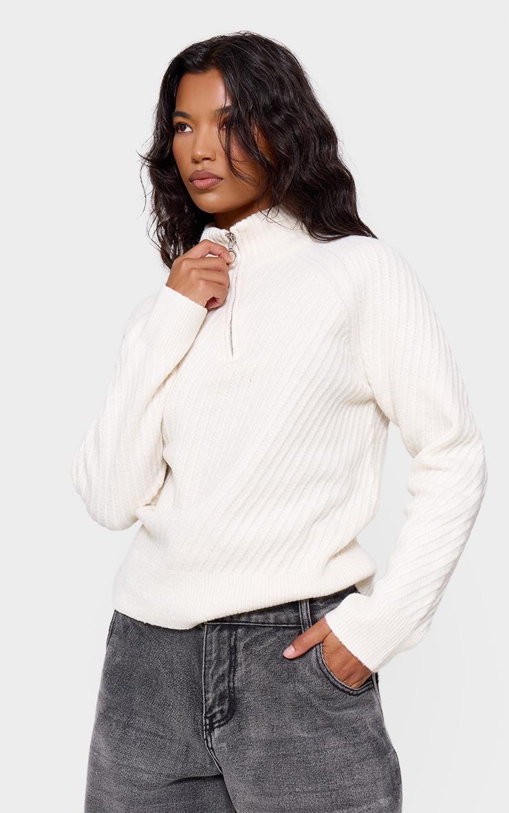 Cream Ripple Knit Half Zip Sweater Product Image