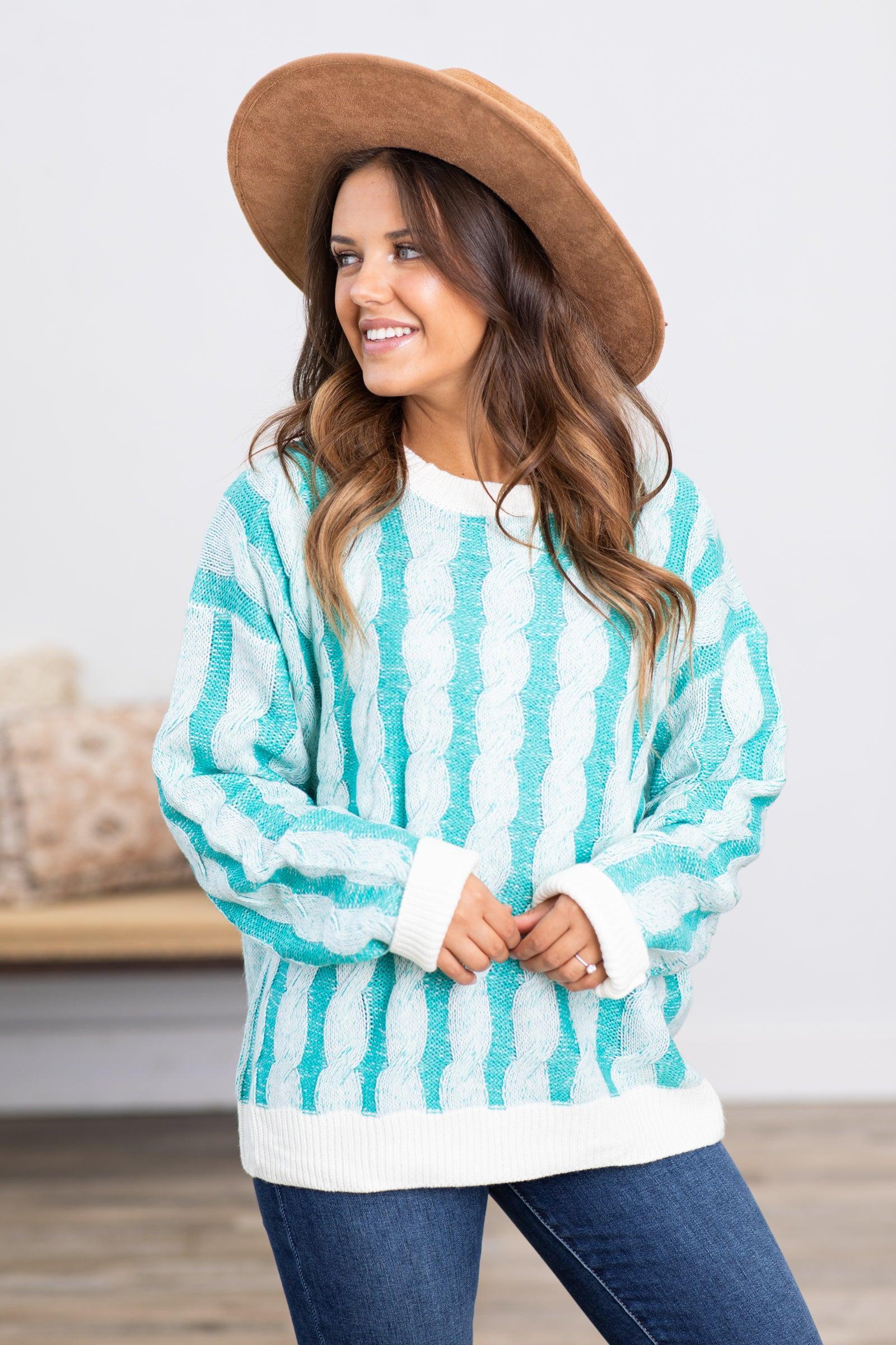 Turquoise and Ivory Cable Knit Sweater Product Image