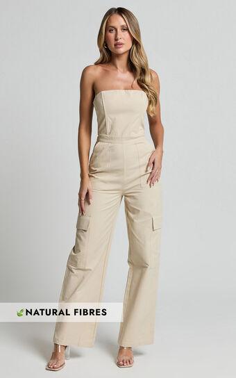 Nellia Jumpsuit - Strapless Straight Leg Cargo Jumpsuit in Stone Product Image