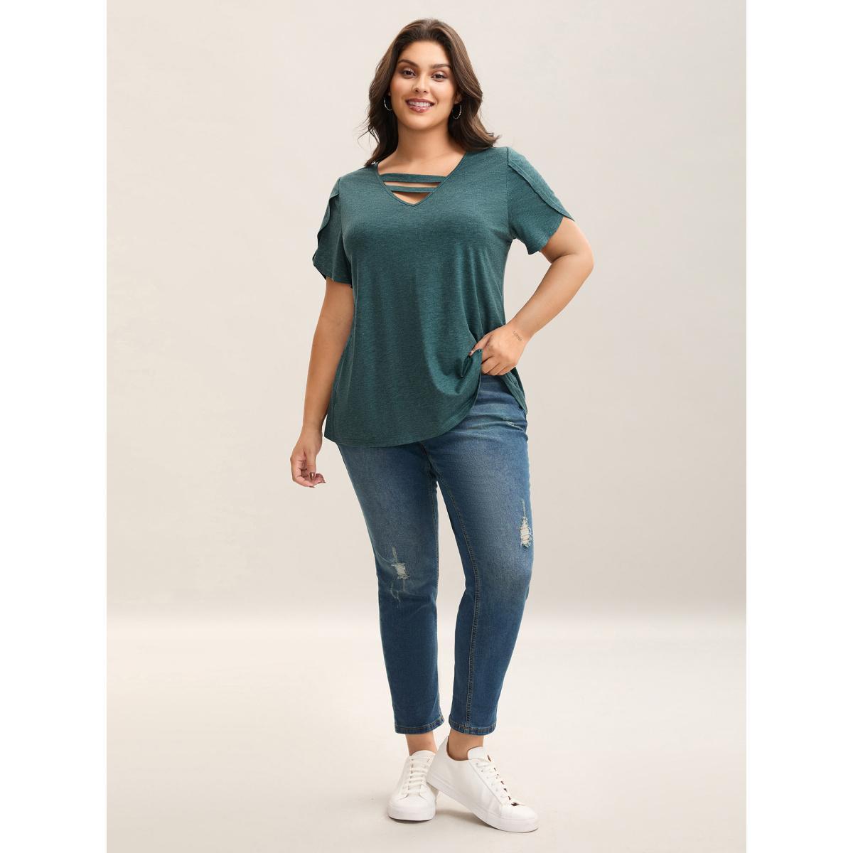 Plus Size Heather Stretchy Neck Cut-Out T-Shirt DarkGreen Women Leisure Petal edge V-neck Casual T-shirts BloomChic 18-20/2X Product Image