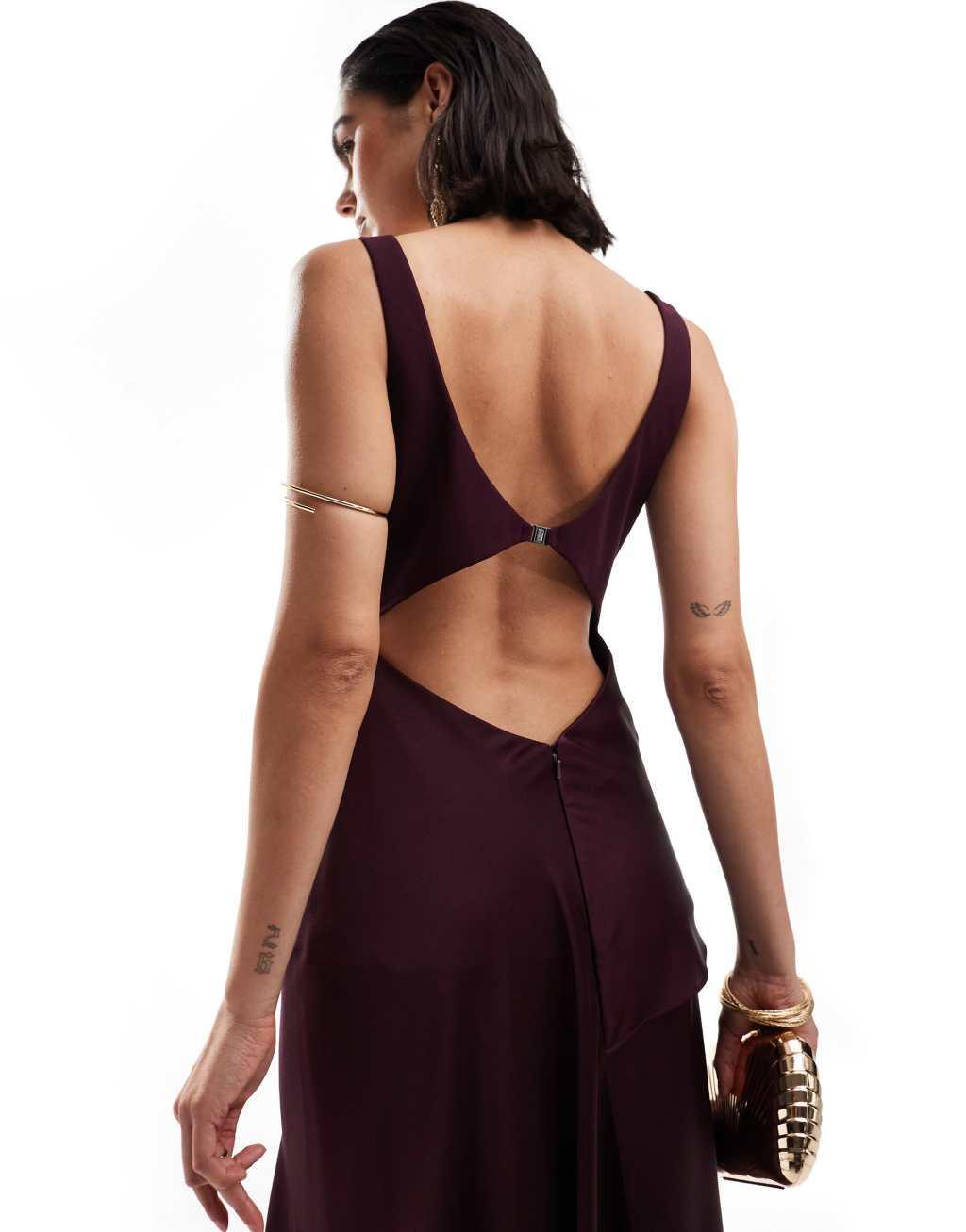 ASOS DESIGN scoop neck satin drape overlay maxi dress in burgundy Product Image