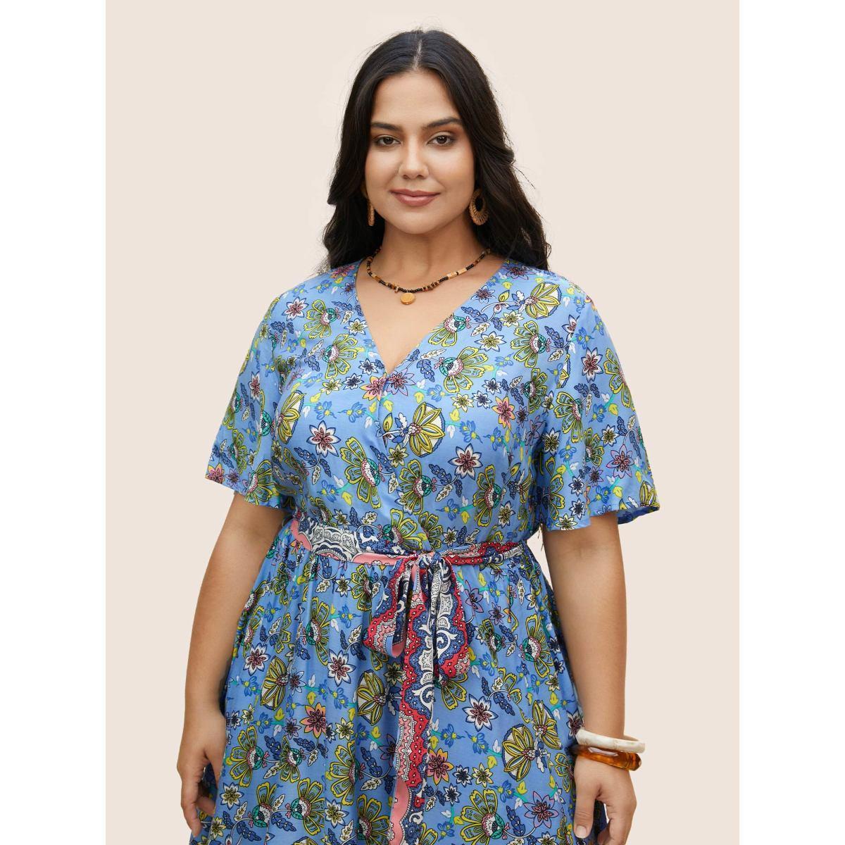 Plus Size Rayon Boho Print Overlap Collar Dress Mediumblue Women Resort Belted Overlap Collar Short sleeve Curvy BloomChic 18-20/2X Product Image