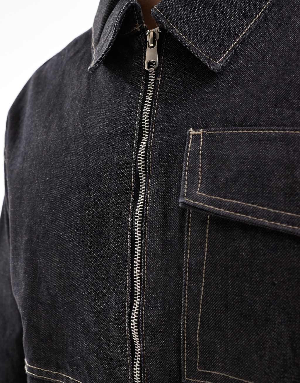 Bershka double pocket denim jacket in dark blue -set Product Image