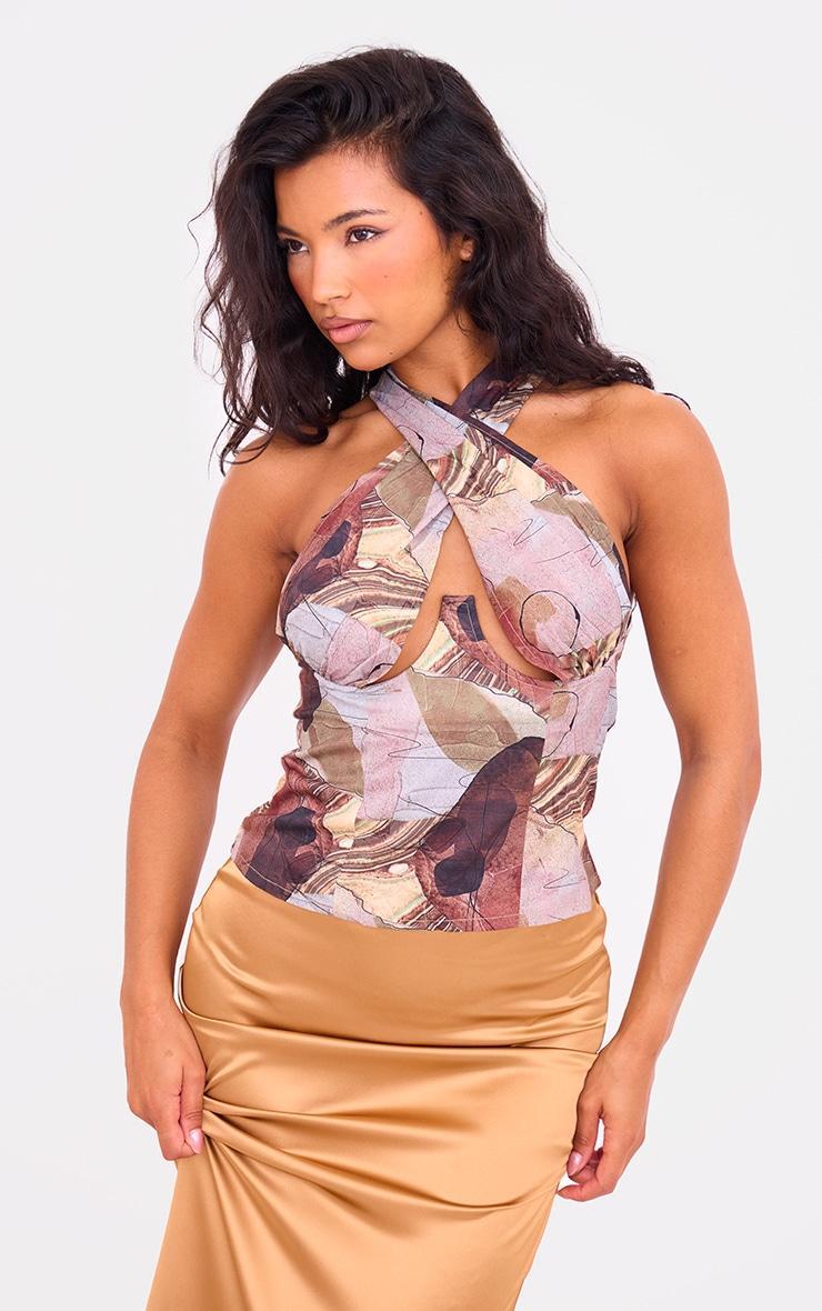 Beige Woven Abstract Print Underbust Halterneck Cross Over Zip Corset Product Image