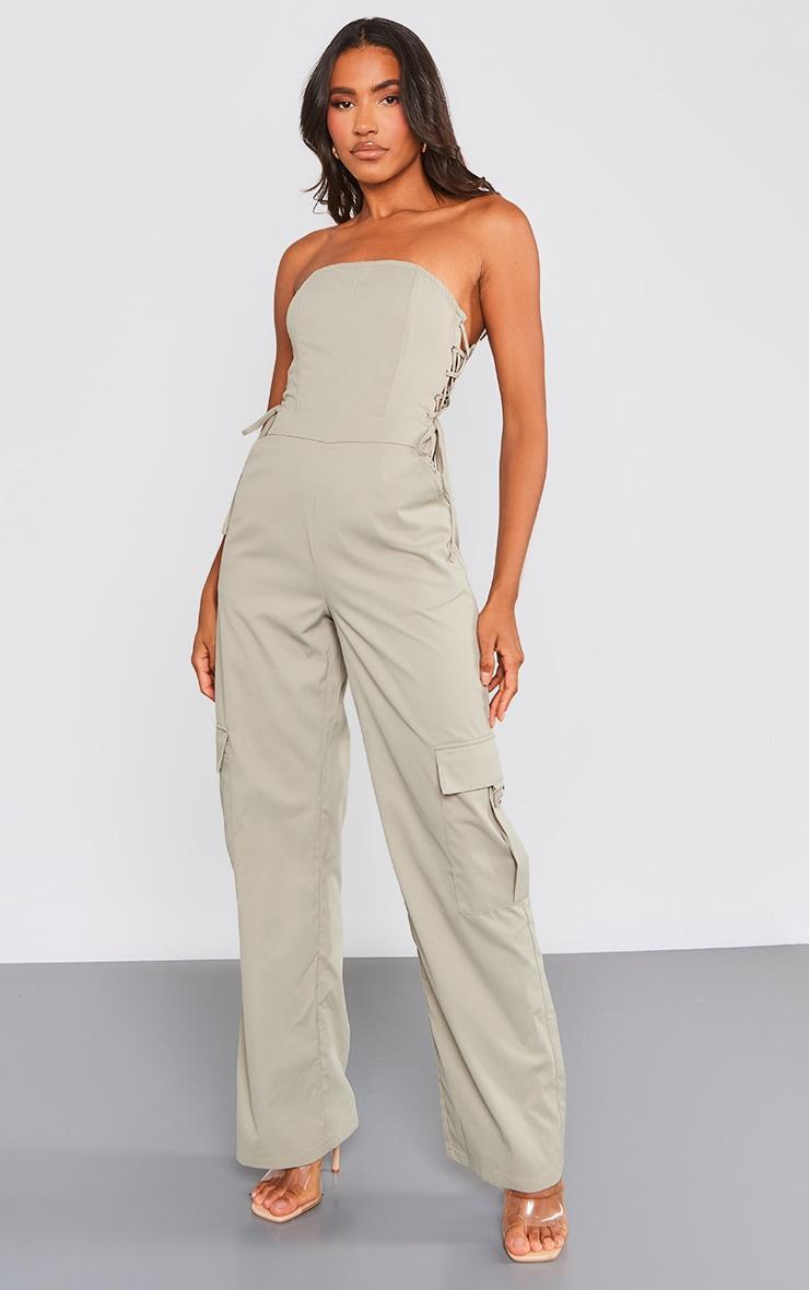 Khaki Lace Up Bandeau Cargo Pocket Detailed Jumpsuit Product Image