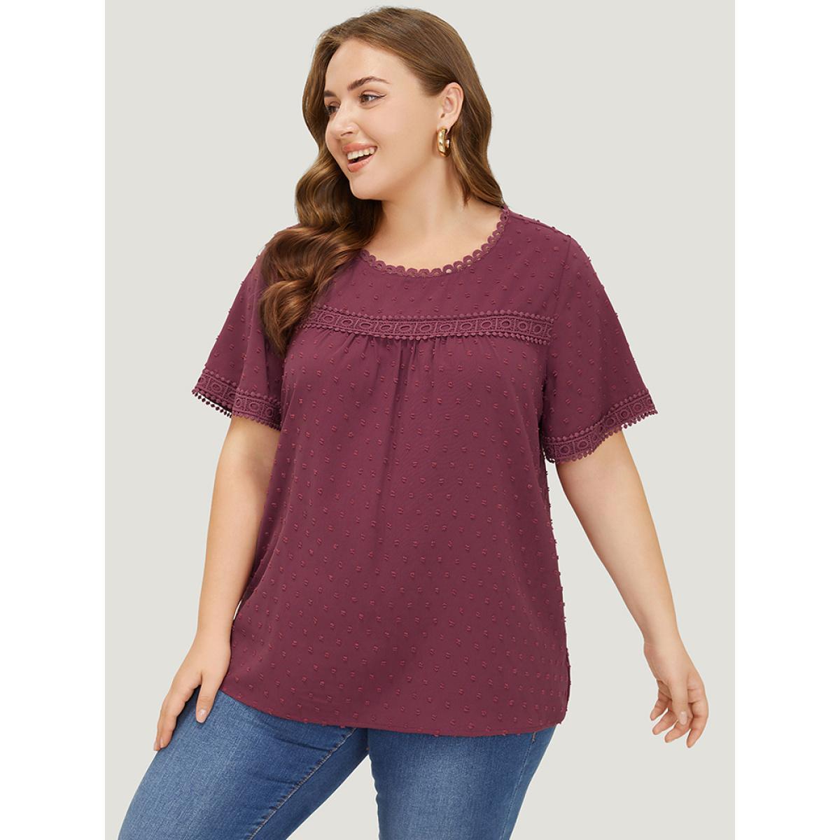 Plus Size RedViolet Polka Dot Gathered Lace Blouse Women Elegant Short sleeve Round Neck Dailywear Blouses BloomChic 10/M Product Image