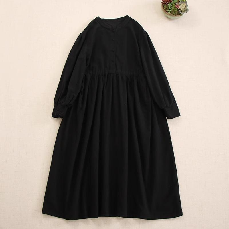 Puff-Sleeve Henley Plain Midi Smock Dress Product Image