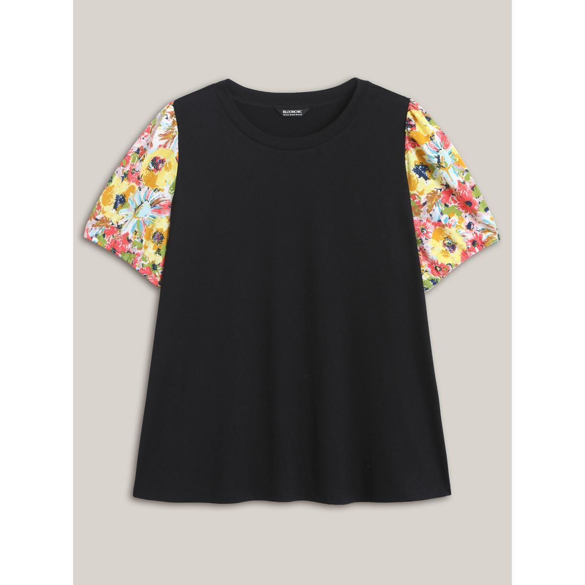 Plus Size Floral Sleeve Spliced Curvy Hem T-Shirt Black Women Gathered Round Neck Everyday-Casual T-shirts BloomChic 28/5X Product Image