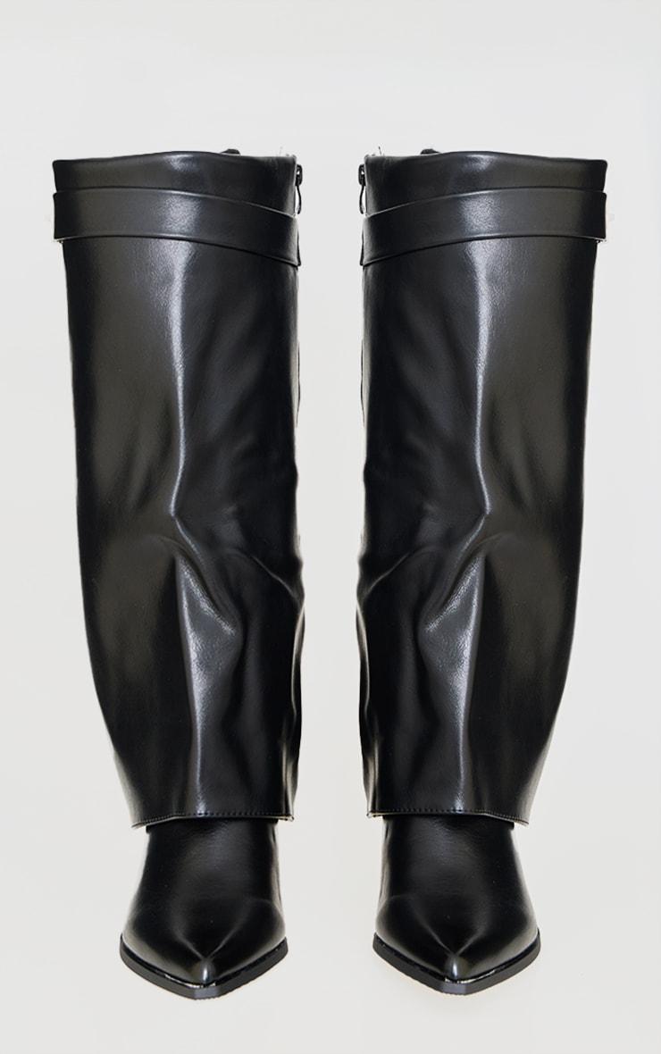 Black PU Point Toe Lock Detail Calf High Low Block Heeled Boots Product Image