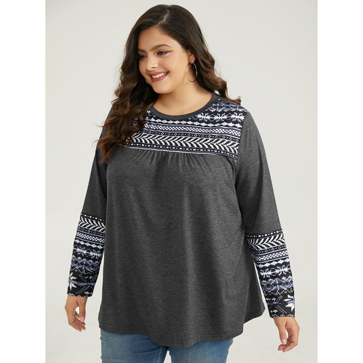 Plus Size Boho Print Round Neck Gathered T-shirt Gray Women Casual Patchwork Bohemian Print Round Neck Dailywear T-shirts BloomChic 12/L Product Image