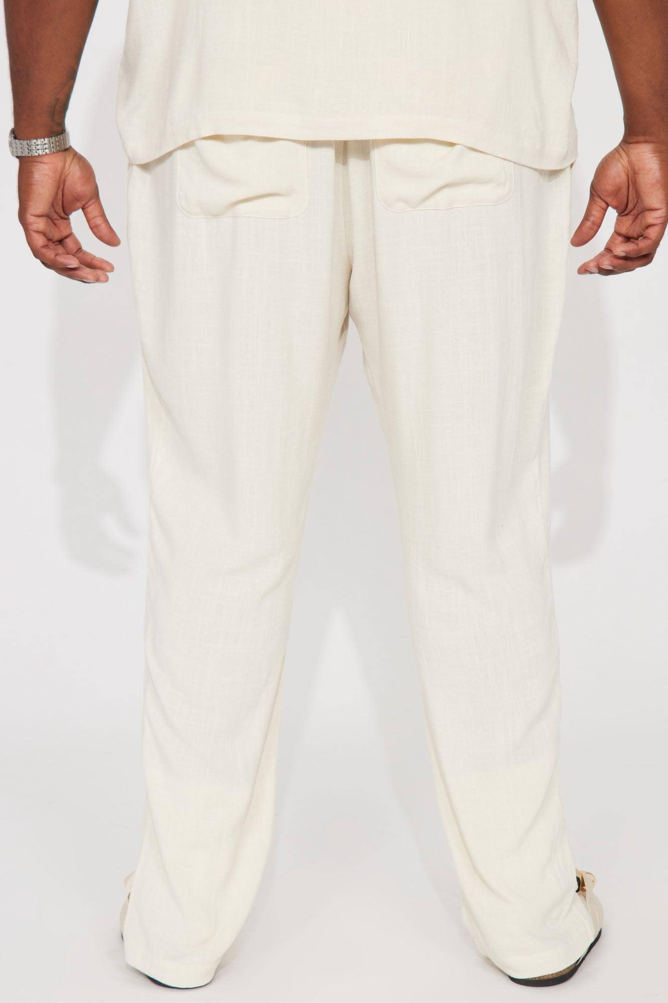 Solid Textured Linen Pull On Side Slit Pants - Cream Product Image