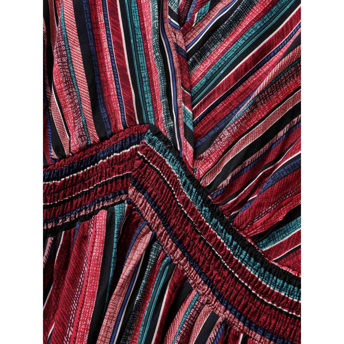 Plus Size Striped Contrast Dolman Sleeve Shirred Pocket Split Flutter Dress Rosered Women Resort Non V-neck Half Sleeve Curvy BloomChic 10/M Product Image