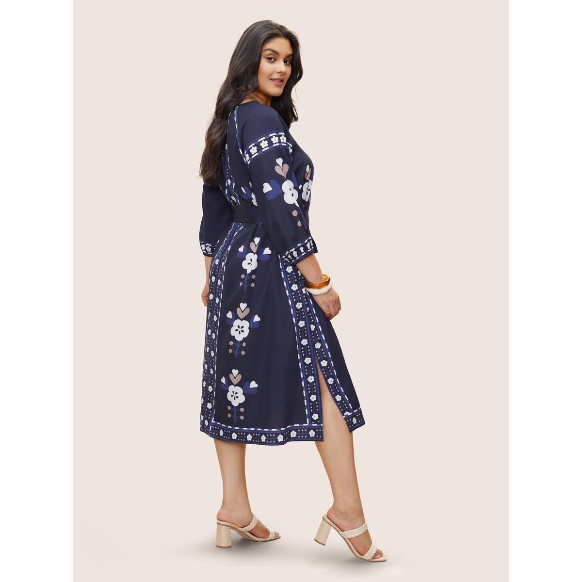 Plus Size Boho Print Belted Pocket Split Side Dress DarkBlue Women Resort Belted V-neck Elbow-length sleeve Curvy Midi Dress BloomChic 10/M Product Image